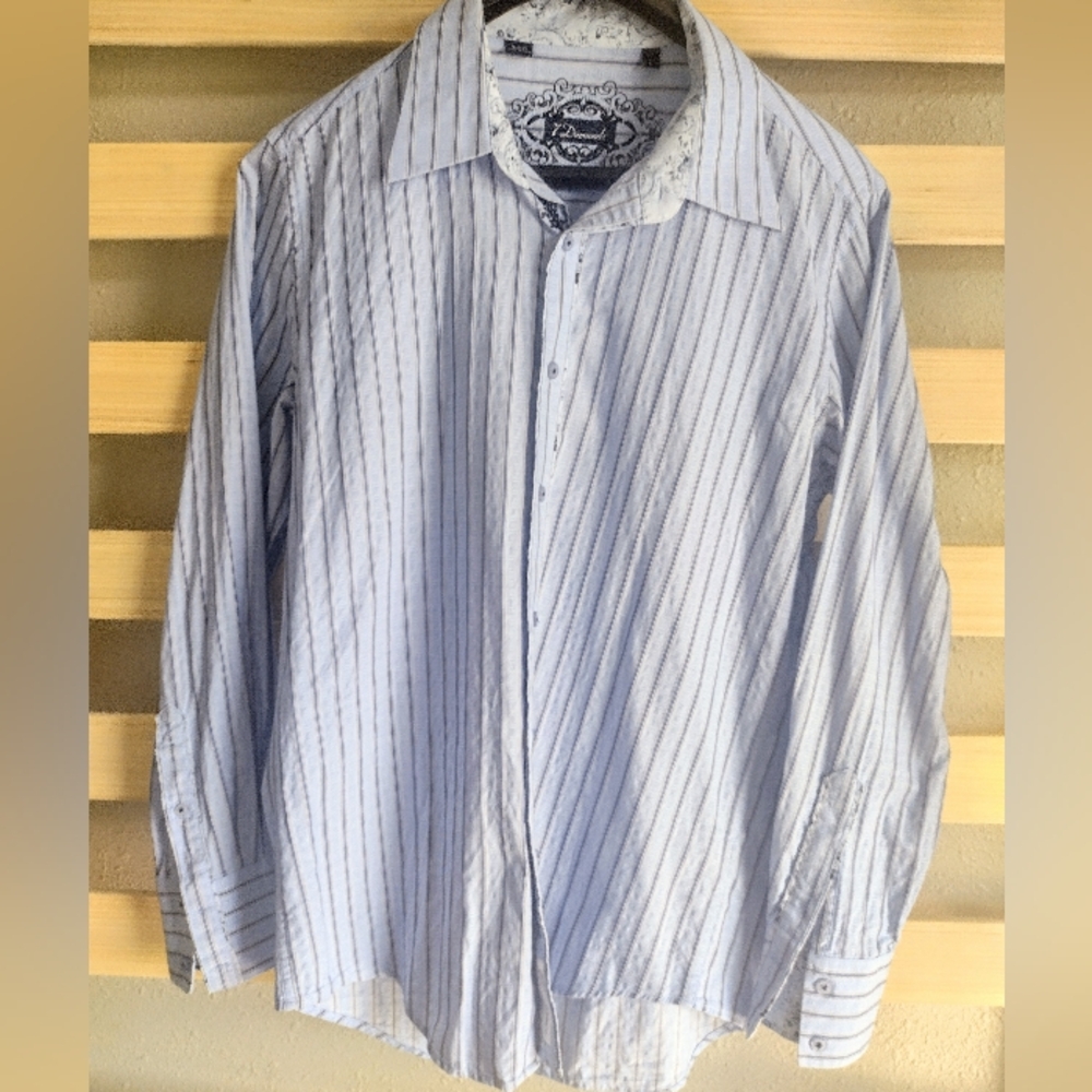7 Diamonds Men’s Blue Stripe Long Sleeve Button-Up Shirt ~ Large